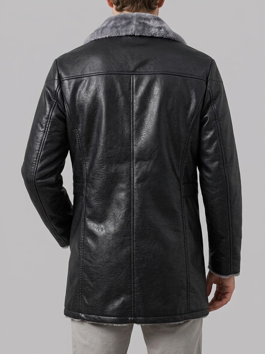 Vergato Men's Fur-Collar Faux Leather Car Coat — black — back