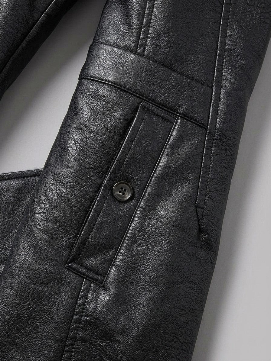 Vergato Men's Fur-Collar Faux Leather Car Coat — black — detail-2