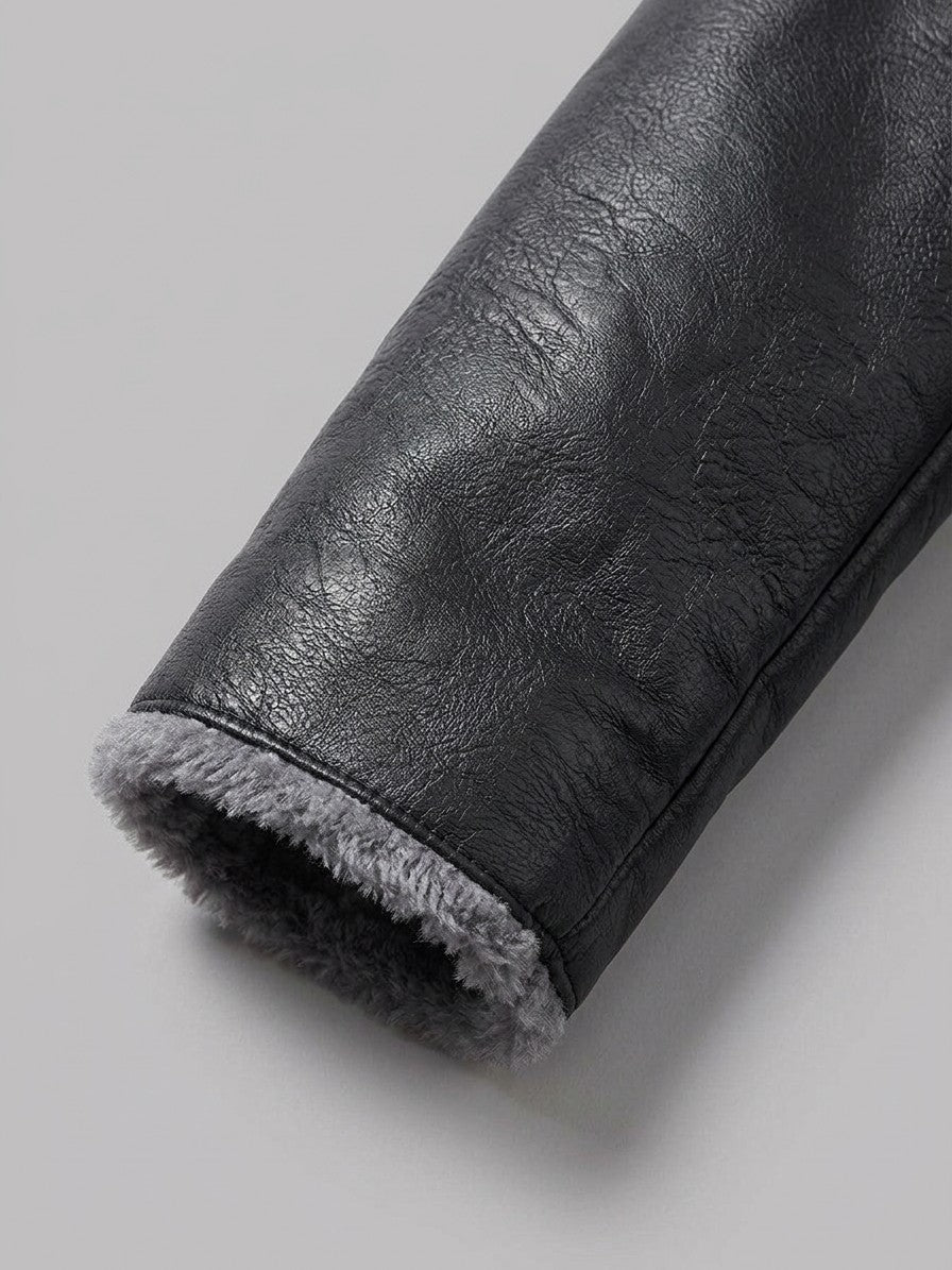 Vergato Men's Fur-Collar Faux Leather Car Coat — black — detail-collar