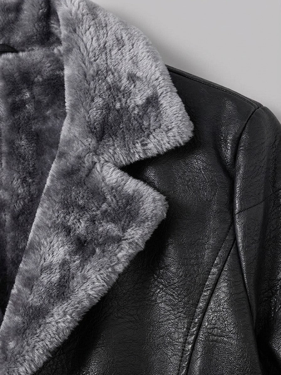 Vergato Men's Fur-Collar Faux Leather Car Coat — black — detail