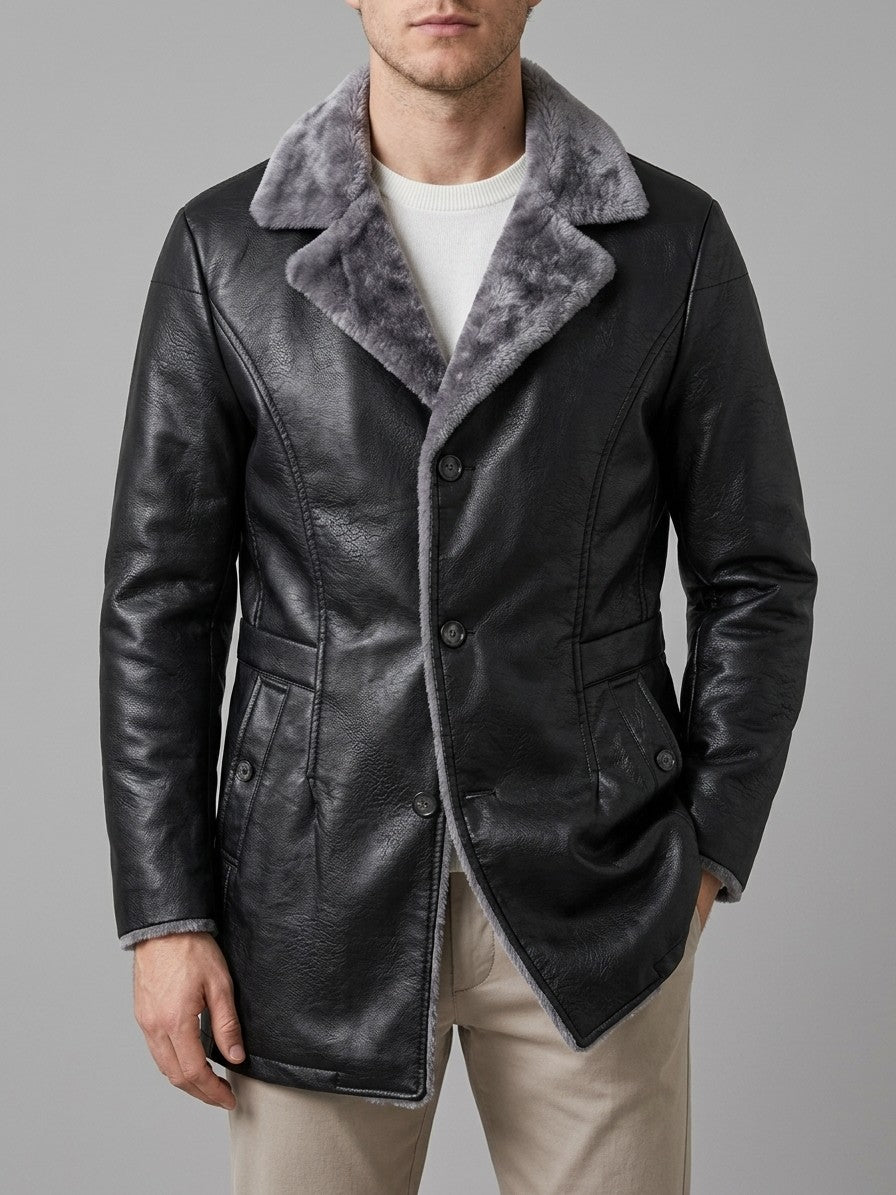 Vergato Men's Fur-Collar Faux Leather Car Coat — black — front
