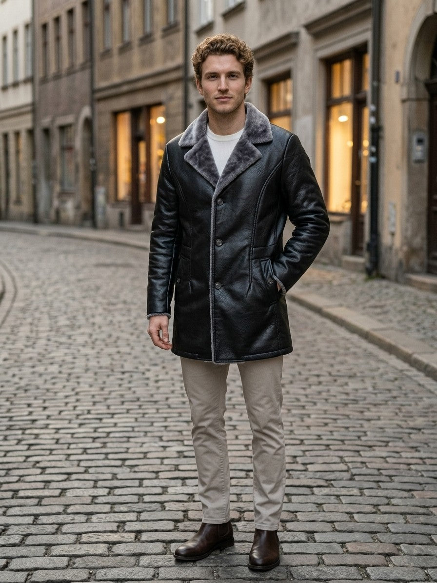 Vergato Men's Fur-Collar Faux Leather Car Coat — black — lifestyle