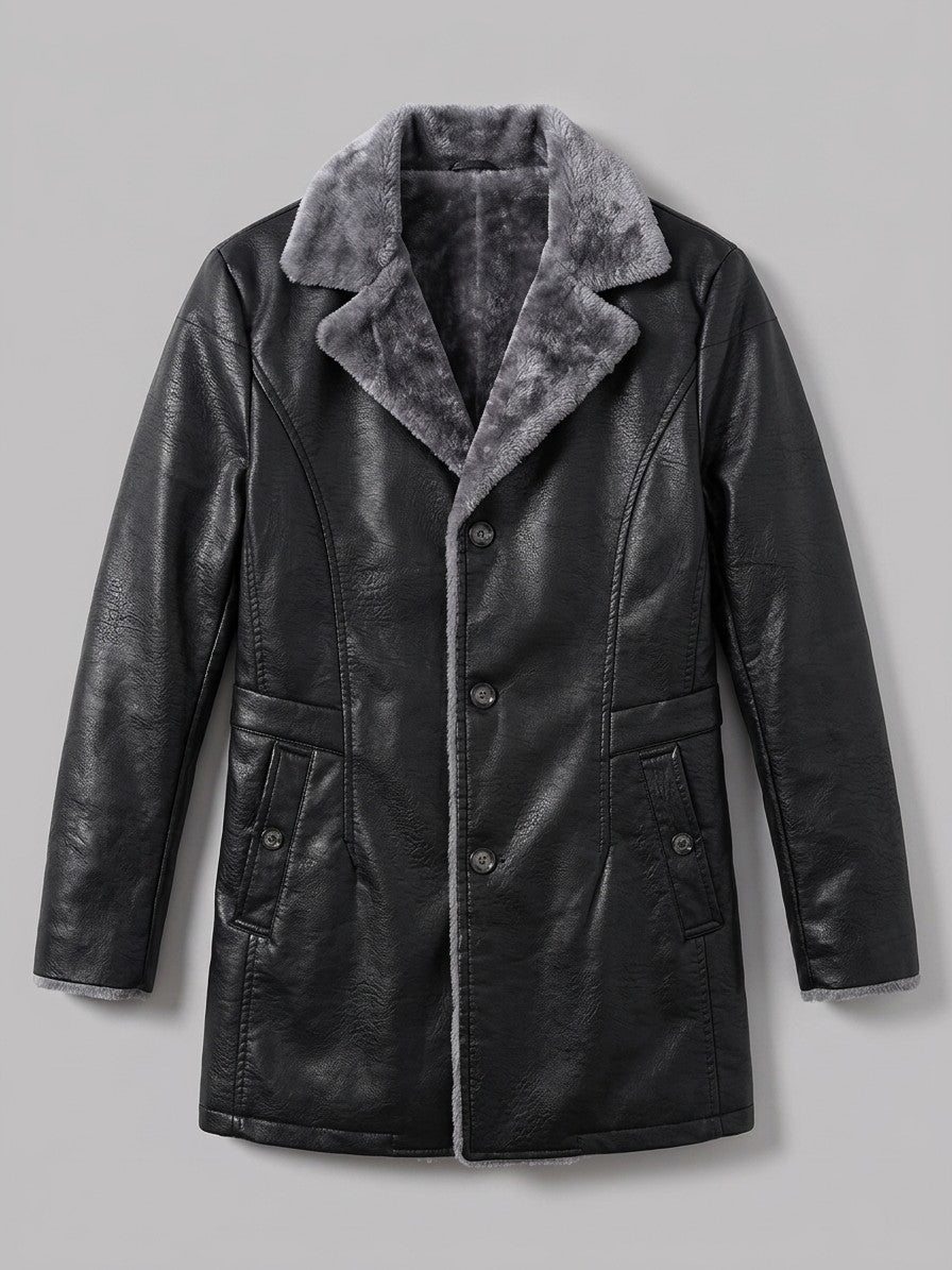 Vergato Men's Fur-Collar Faux Leather Car Coat — black — packshot