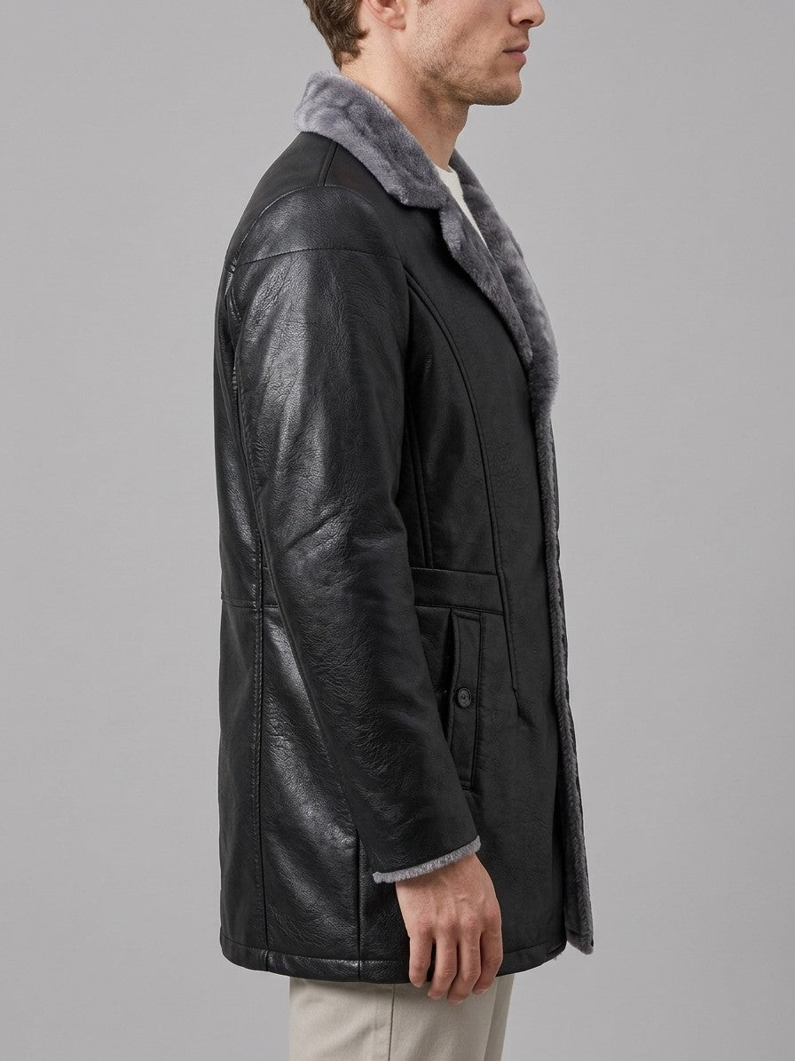 Vergato Men's Fur-Collar Faux Leather Car Coat — black — side