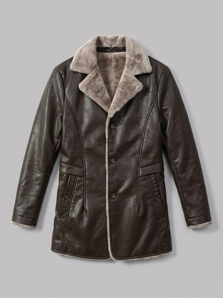 Vergato Men's Fur-Collar Faux Leather Car Coat — darkbrown — packshot