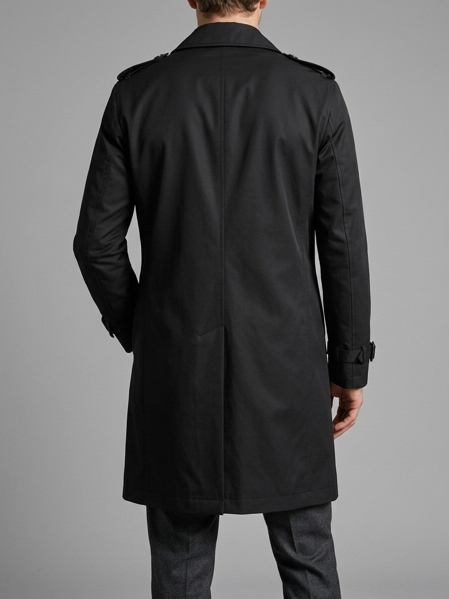 Vernazza Men's Longline Double-Breasted Trench Coat — black — back