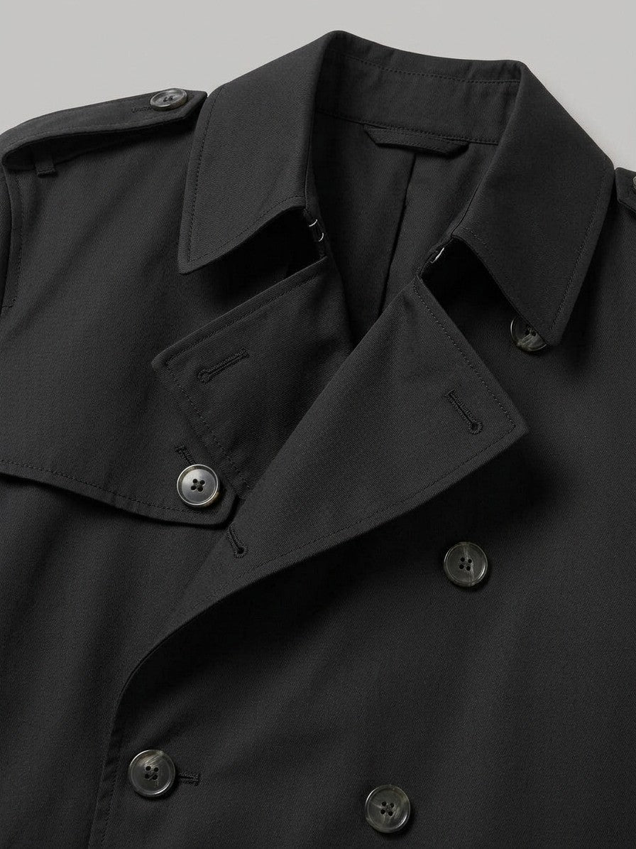 Vernazza Men's Longline Double-Breasted Trench Coat — black — detail-2