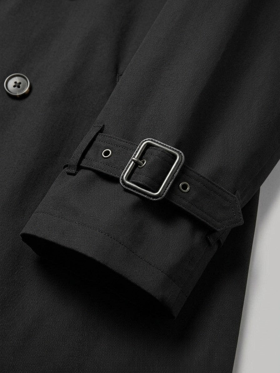 Vernazza Men's Longline Double-Breasted Trench Coat — black — detail-collar