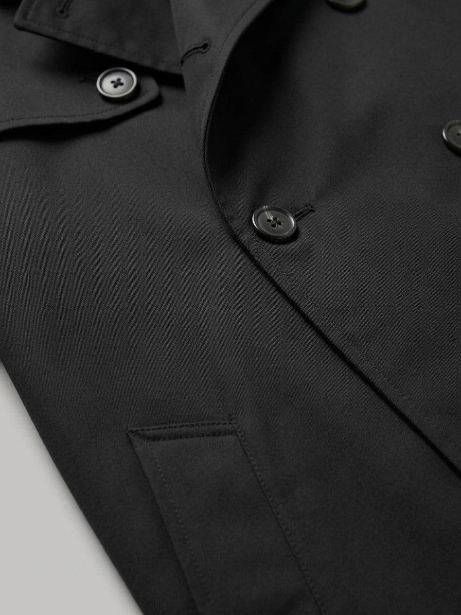 Vernazza Men's Longline Double-Breasted Trench Coat — black — detail