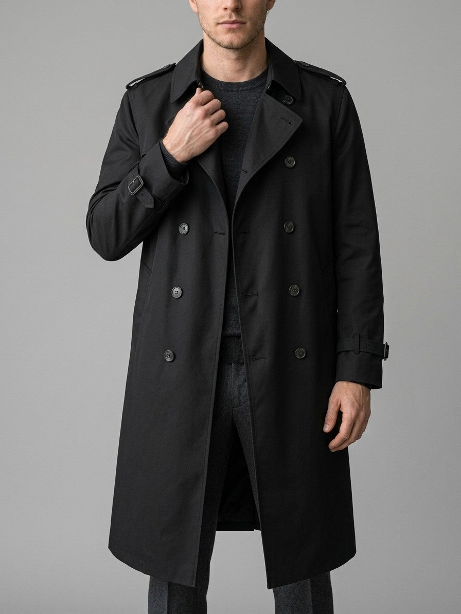 Vernazza Men's Longline Double-Breasted Trench Coat — black — front