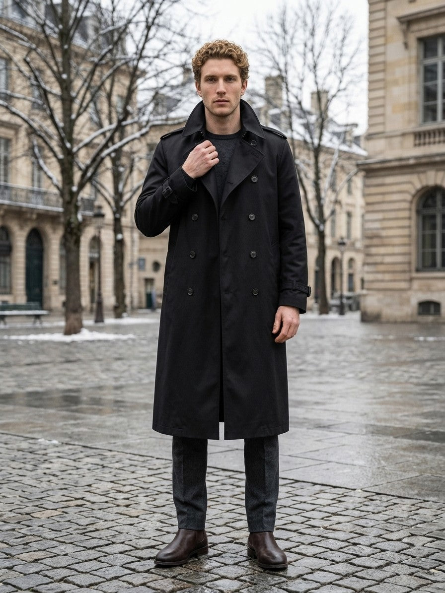 Vernazza Men's Longline Double-Breasted Trench Coat — black — lifestyle