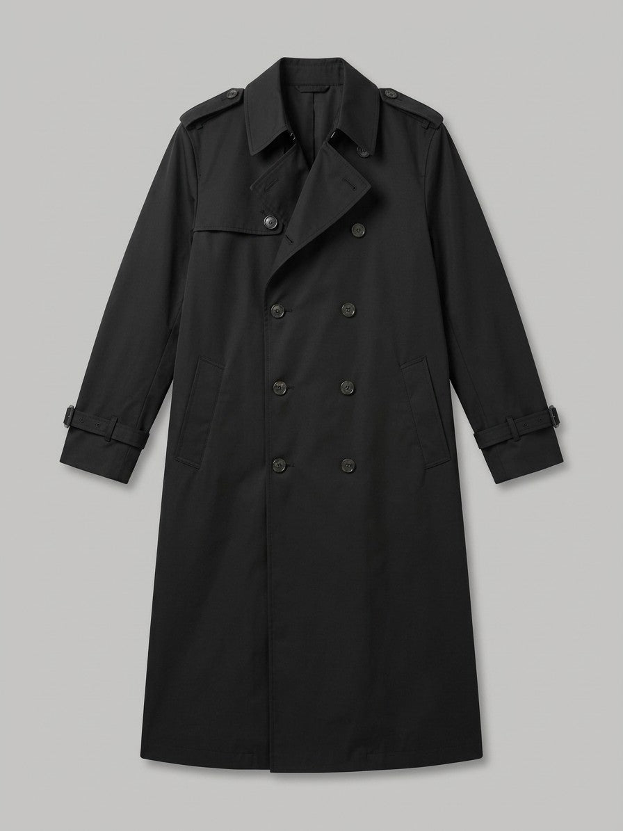 Vernazza Men's Longline Double-Breasted Trench Coat — black — packshot