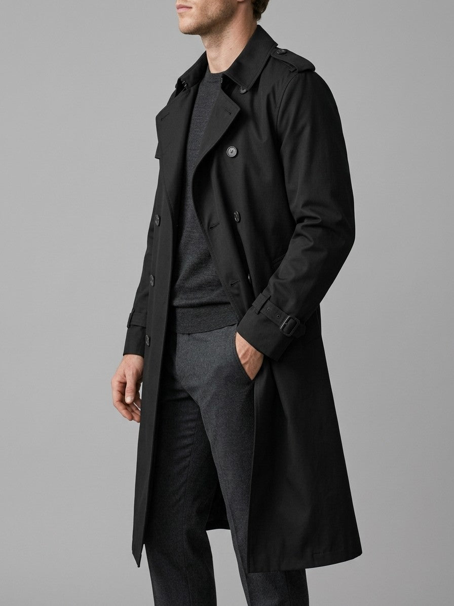 Vernazza Men's Longline Double-Breasted Trench Coat — black — side