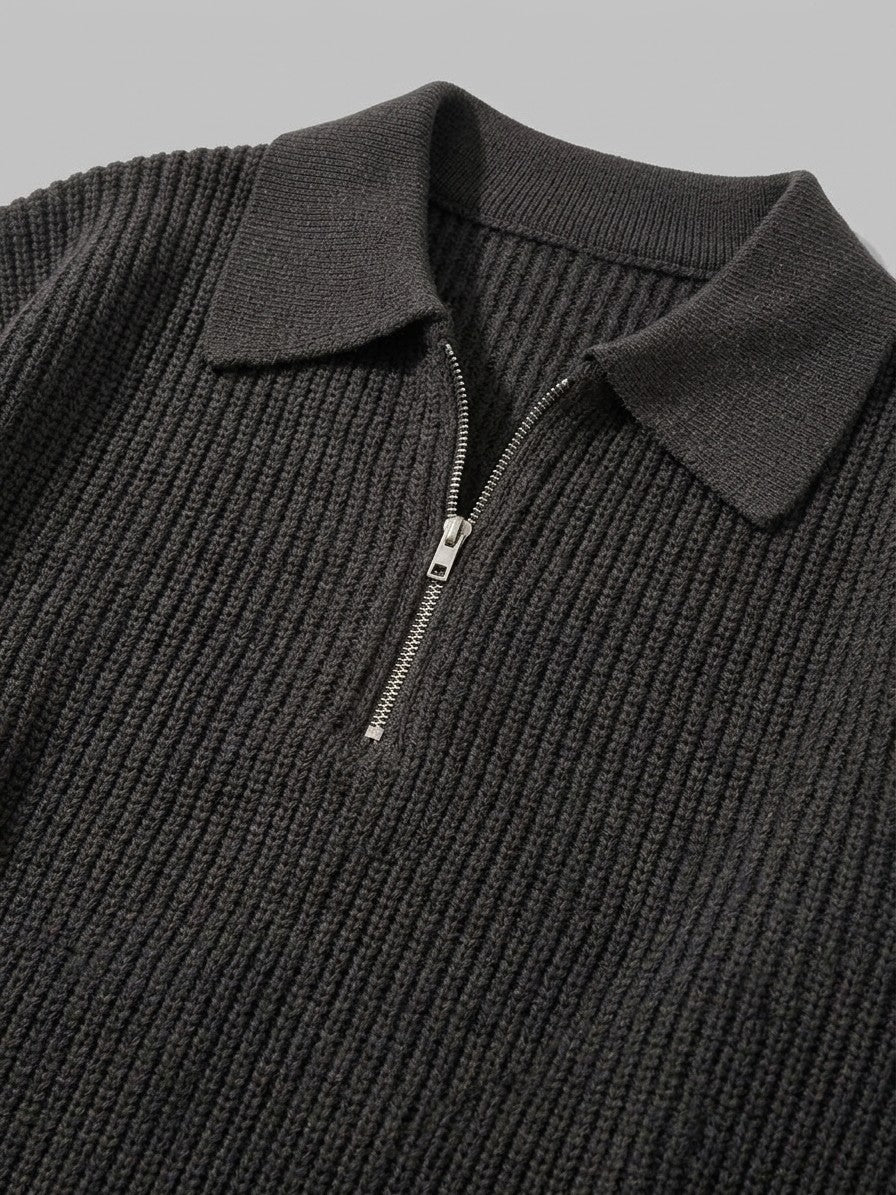 Vernio Men's Ribbed Half-Zip Polo Sweater — charcoal — detail-2