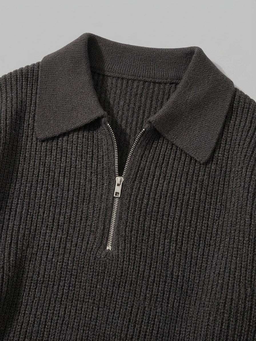 Vernio Men's Ribbed Half-Zip Polo Sweater — charcoal — detail