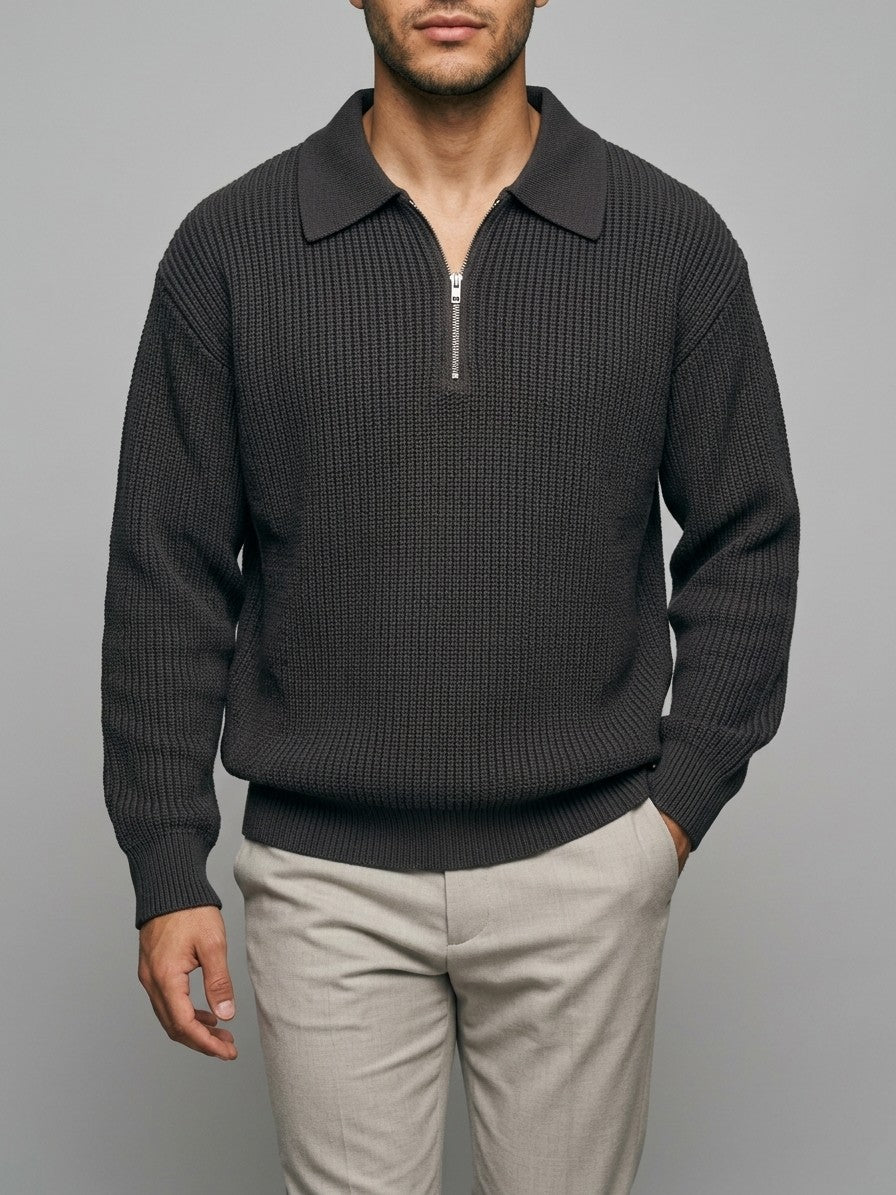 Vernio Men's Ribbed Half-Zip Polo Sweater — charcoal — front