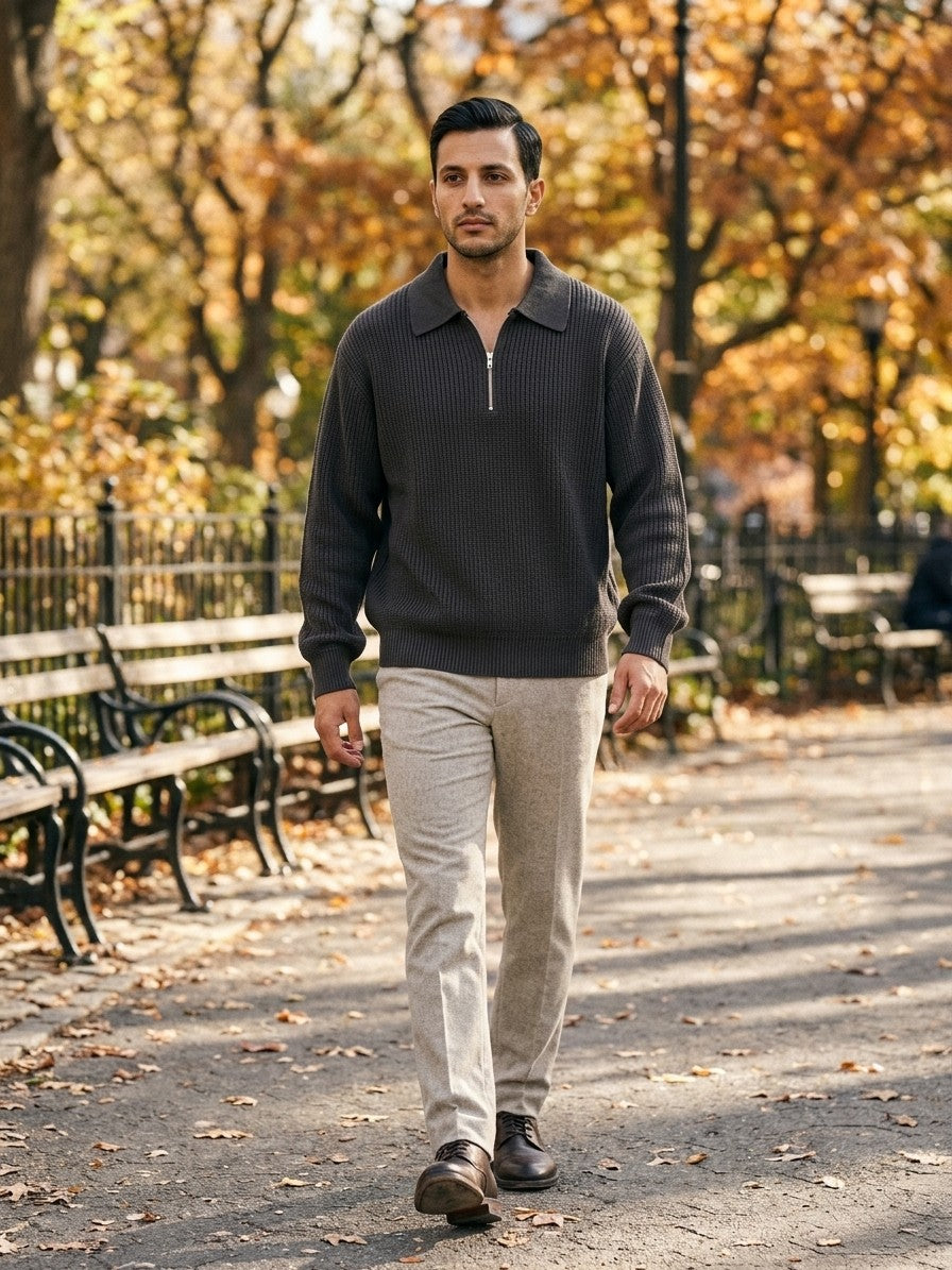 Vernio Men's Ribbed Half-Zip Polo Sweater — charcoal — lifestyle