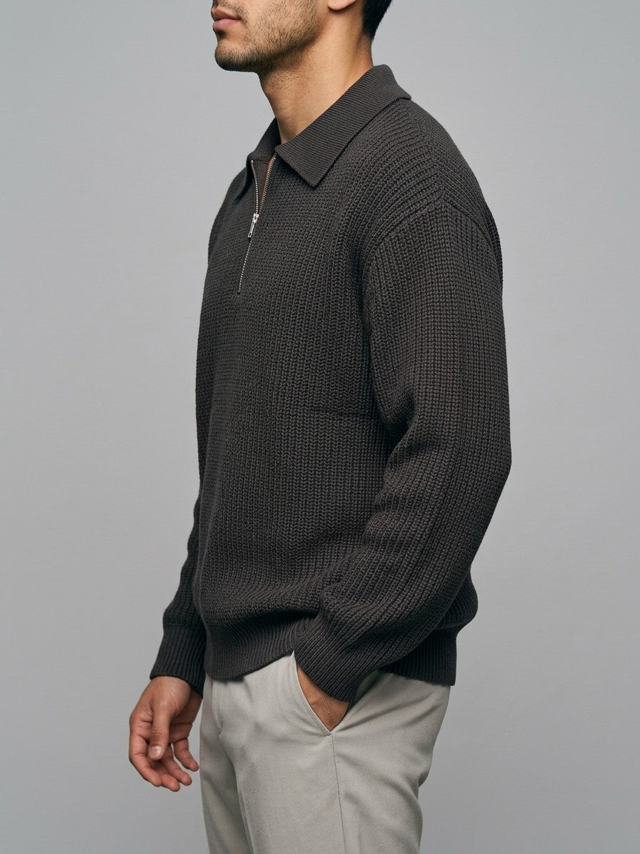Vernio Men's Ribbed Half-Zip Polo Sweater — charcoal — side