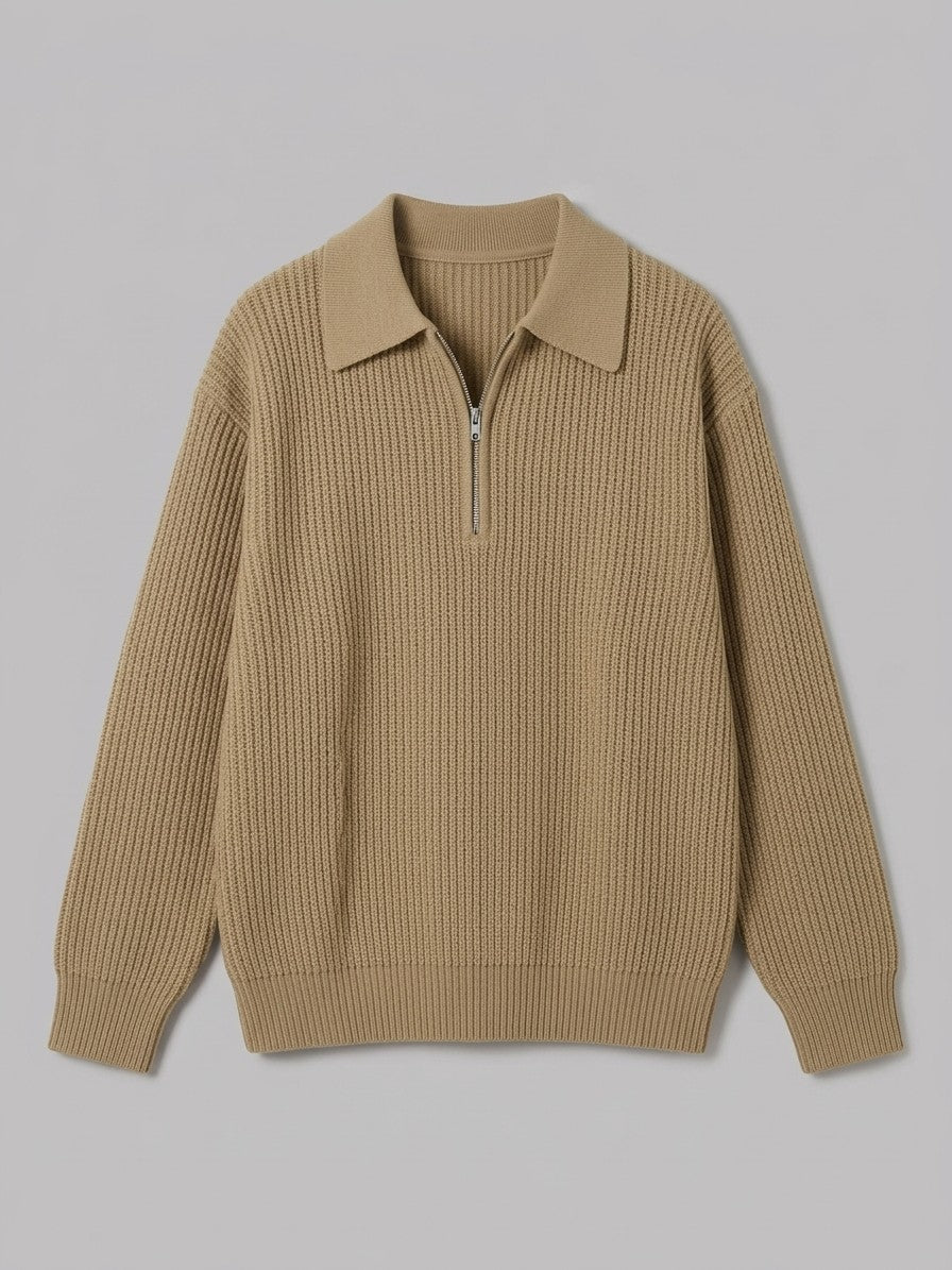 Vernio Men's Ribbed Half-Zip Polo Sweater — khaki — packshot