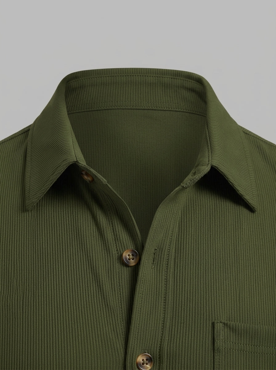 Verona Men's Ribbed Button-Up Shirt — armygreen — detail-collar