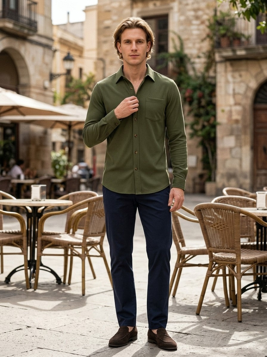 Verona Men's Ribbed Button-Up Shirt — armygreen — lifestyle