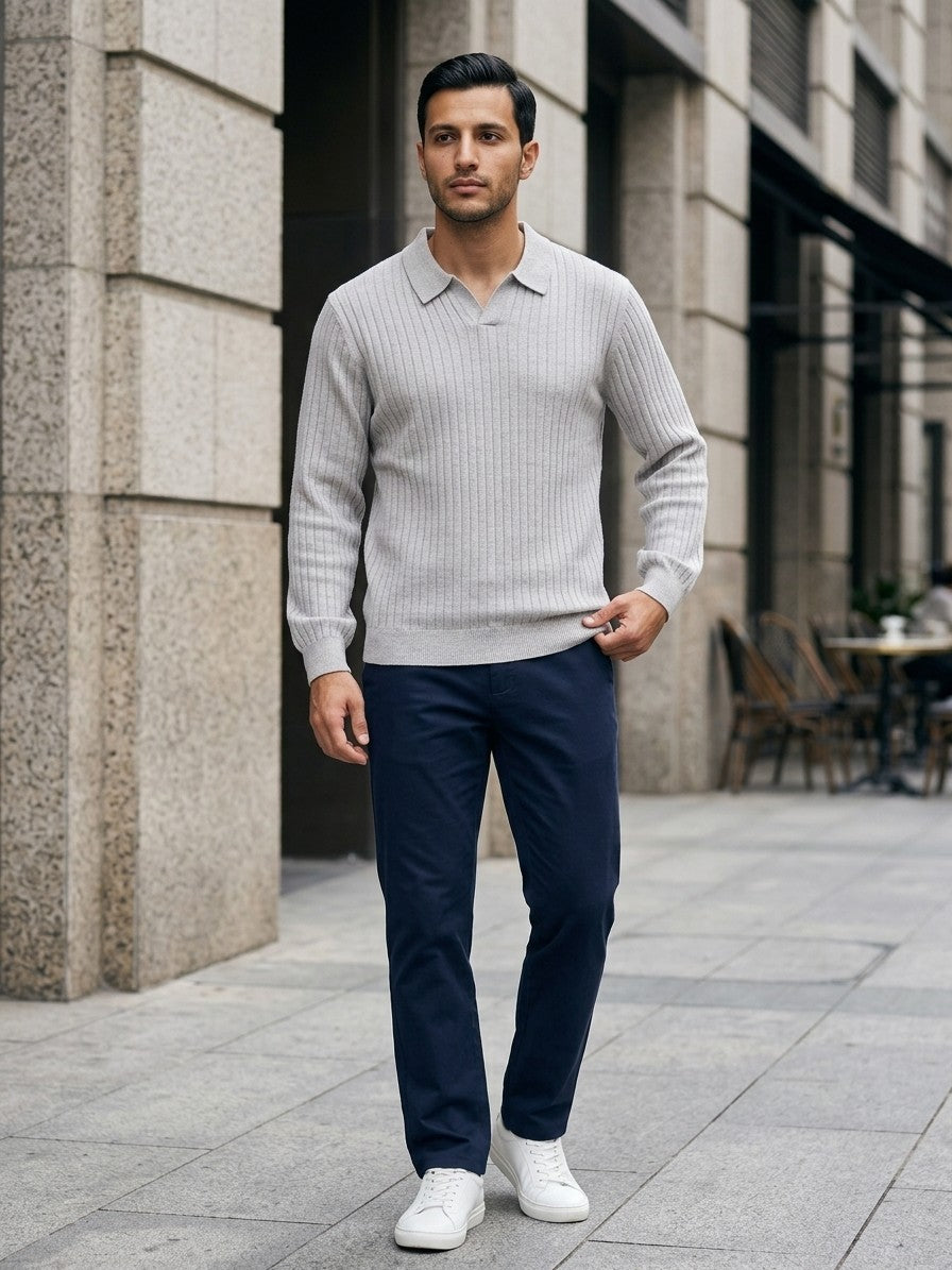 Verona Men's Ribbed Knit Polo Sweater — lightgray — lifestyle