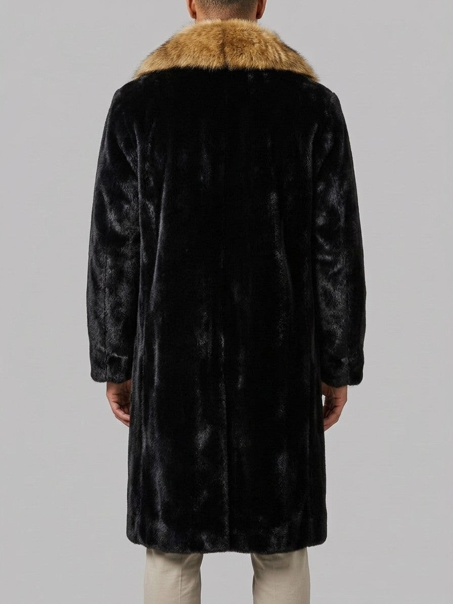 Vetralla Men's Contrast Collar Faux Fur Overcoat — black — back