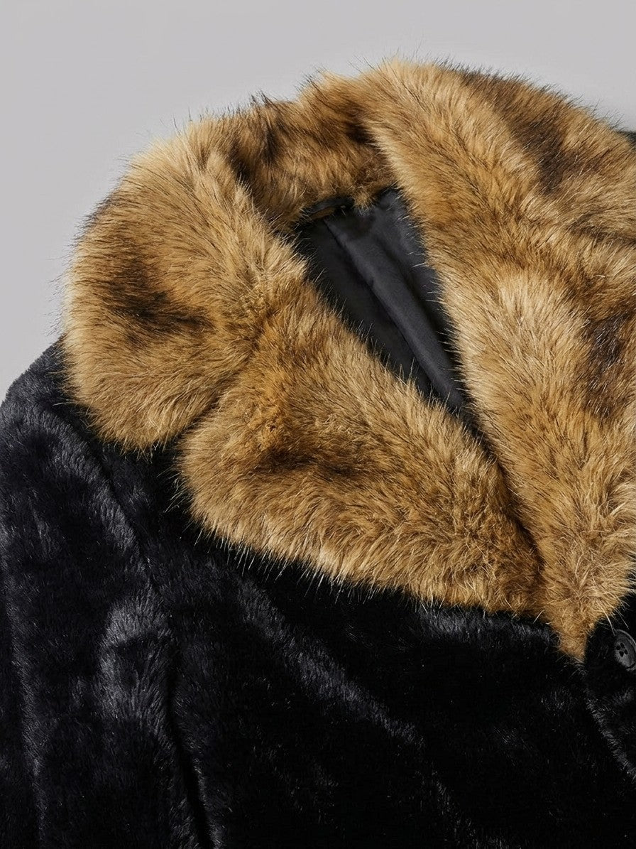 Vetralla Men's Contrast Collar Faux Fur Overcoat — black — detail