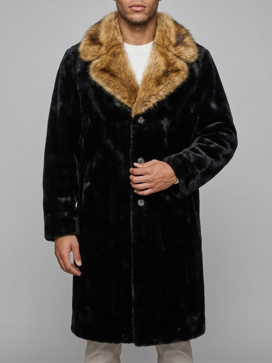 Vetralla Men's Contrast Collar Faux Fur Overcoat — black — front