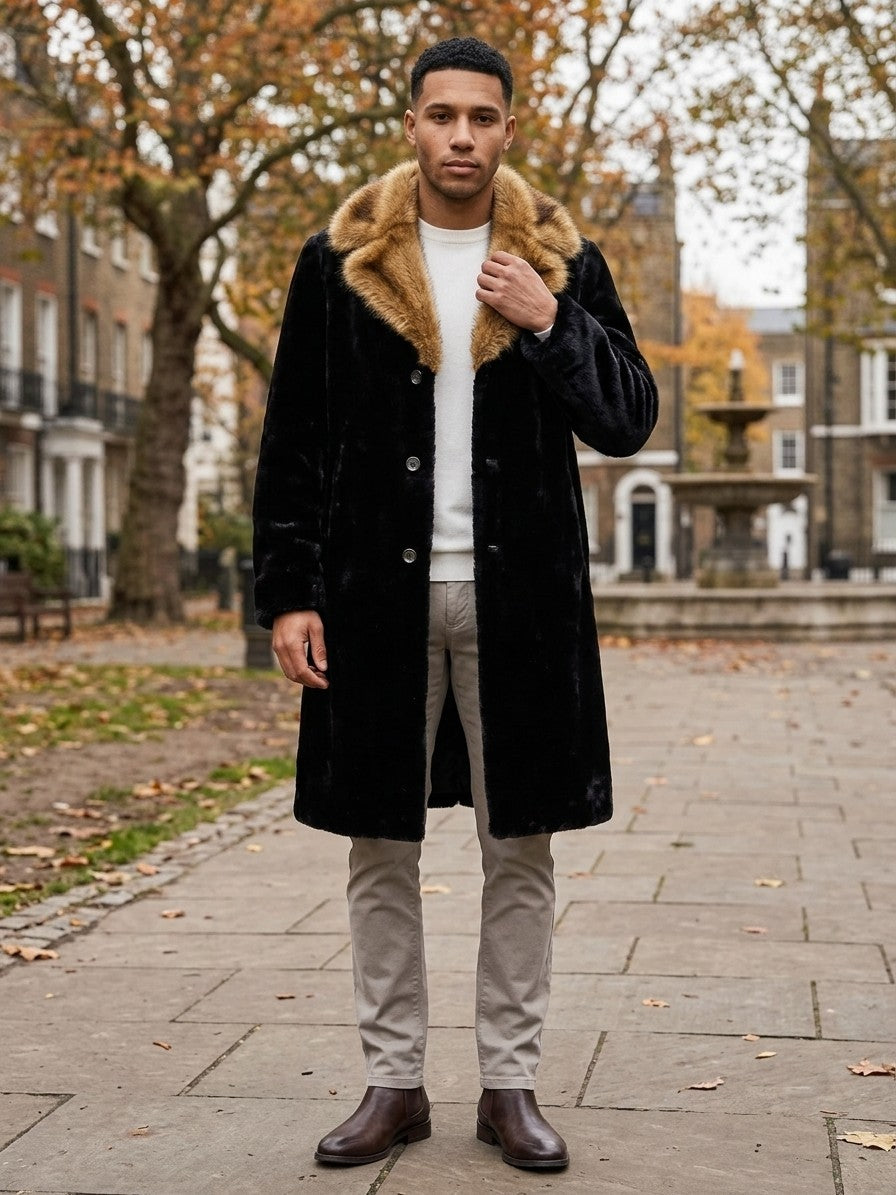Vetralla Men's Contrast Collar Faux Fur Overcoat — black — lifestyle