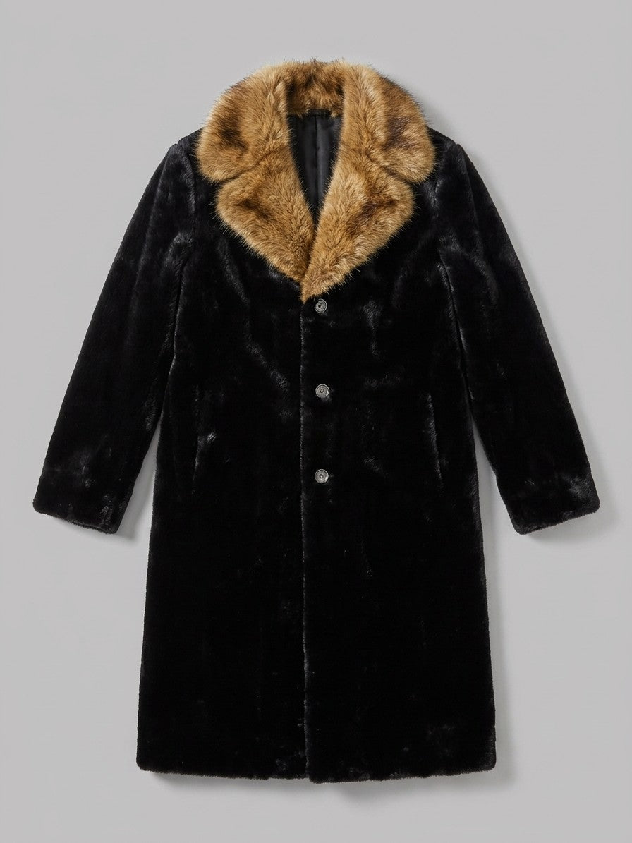 Vetralla Men's Contrast Collar Faux Fur Overcoat — black — packshot