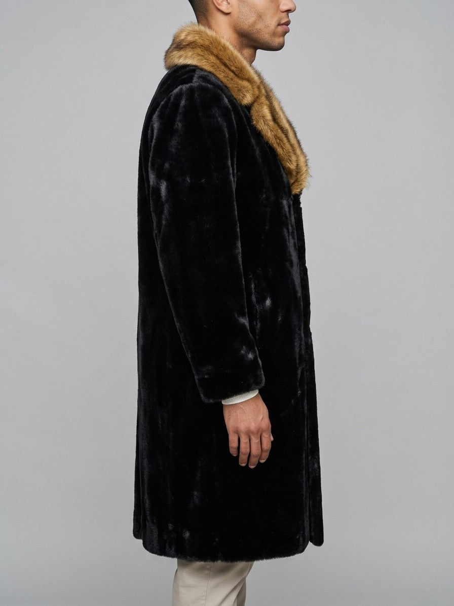 Vetralla Men's Contrast Collar Faux Fur Overcoat — black — side