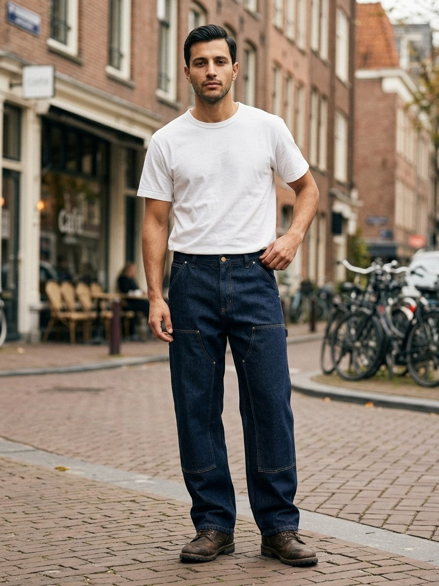 Viadana Men's Wide-Leg Double-Knee Carpenter Jeans — darkindigo — lifestyle