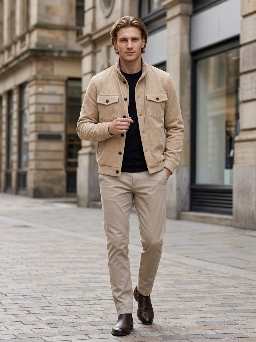 Vigevano Men's Corduroy Button-Up Jacket — apricot — lifestyle