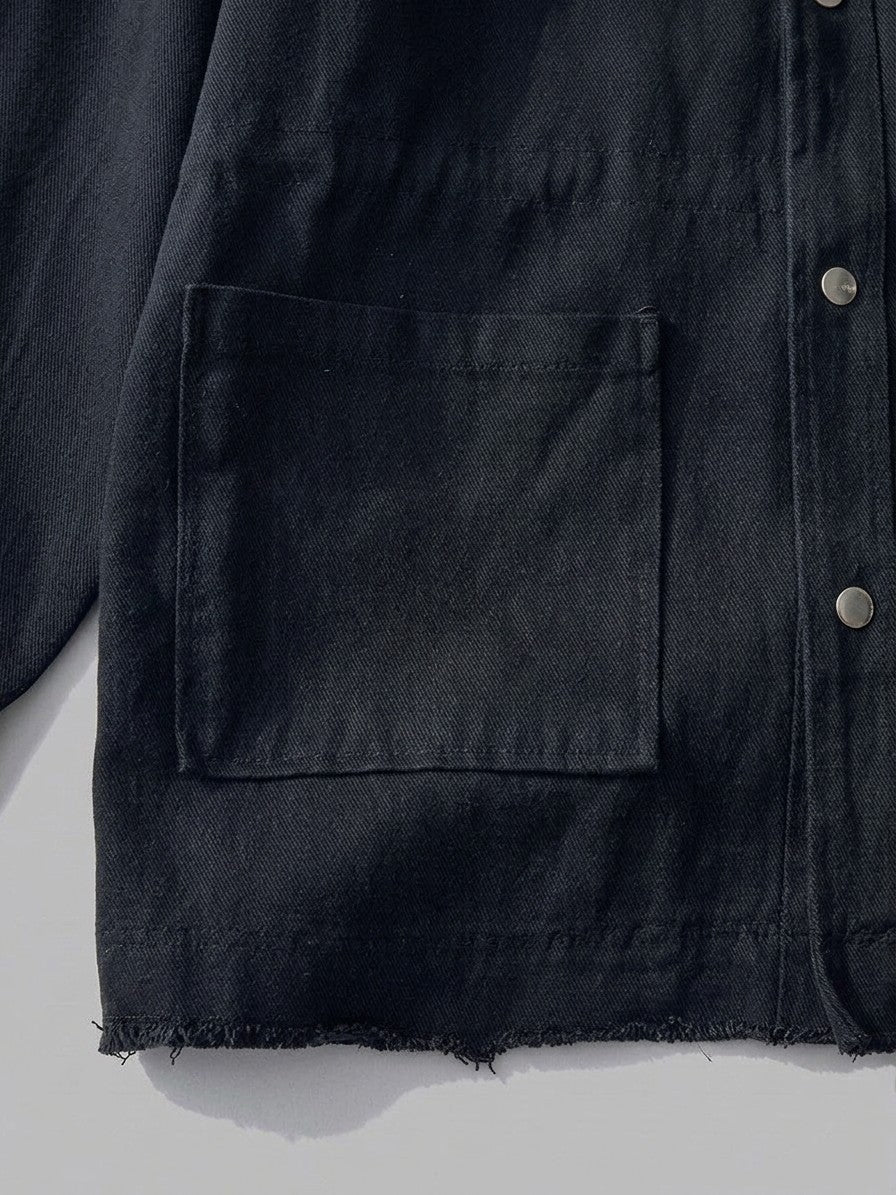 Vignola Men's Oversized Raw-Hem Chore Jacket — black — detail-collar