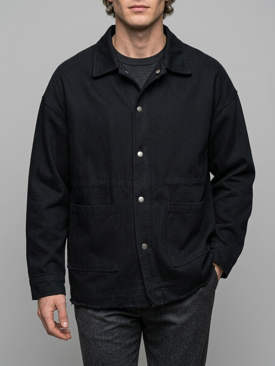 Vignola Men's Oversized Raw-Hem Chore Jacket — black — front