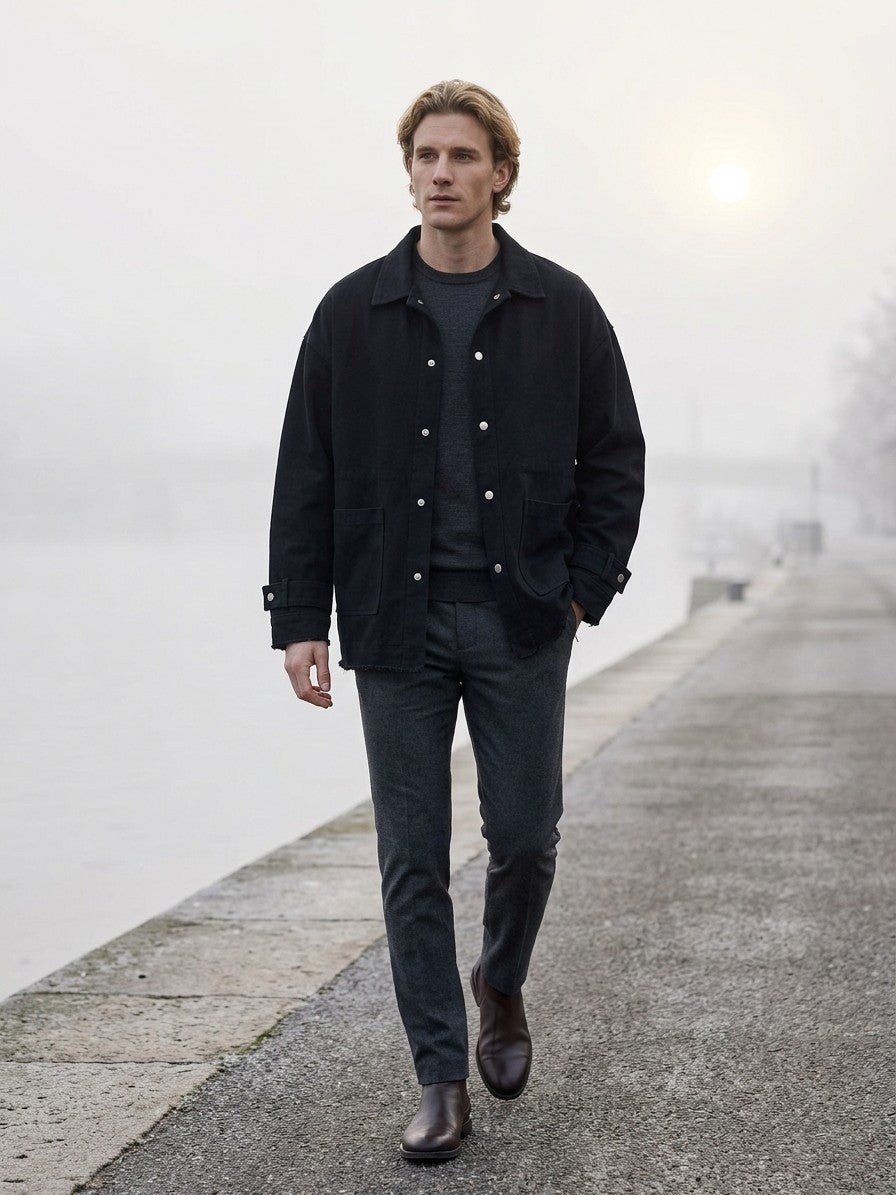 Vignola Men's Oversized Raw-Hem Chore Jacket — black — lifestyle