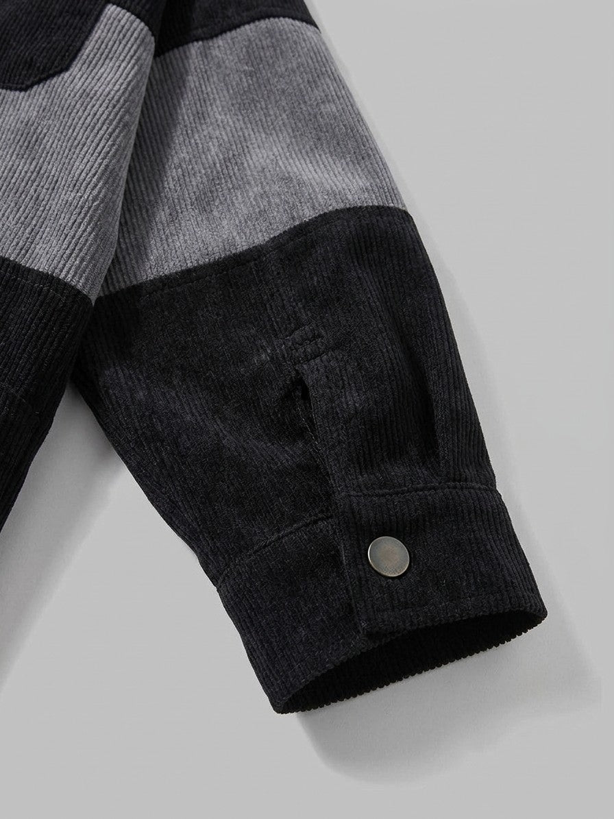 Vigoleno Men's Color-Block Corduroy Shirt Jacket — black — detail-collar