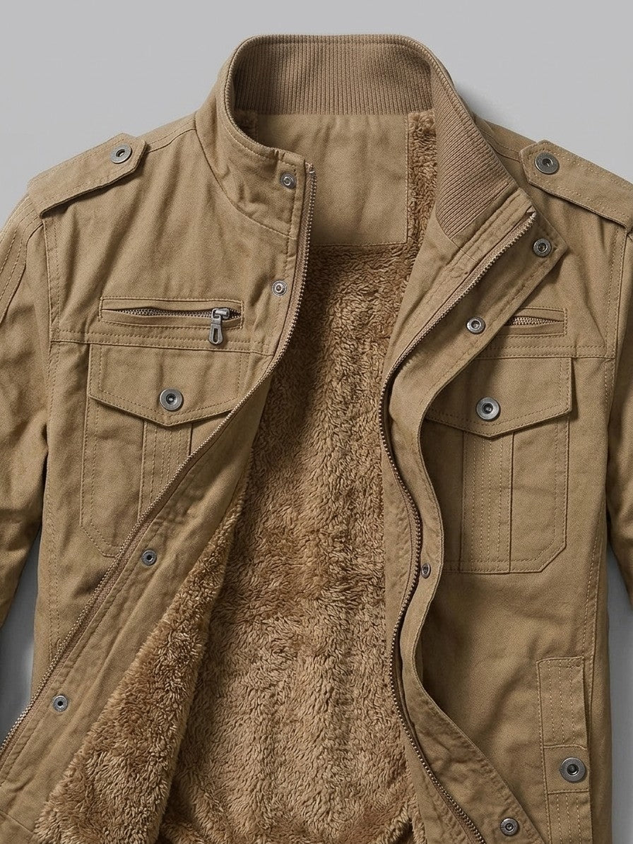 Villafranca Men's Fleece-Lined Military Bomber Jacket — khaki — detail-collar