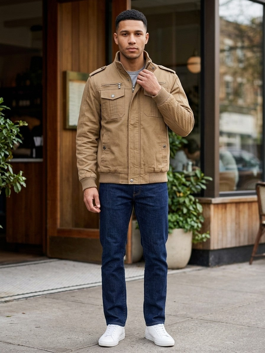 Villafranca Men's Fleece-Lined Military Bomber Jacket — khaki — lifestyle