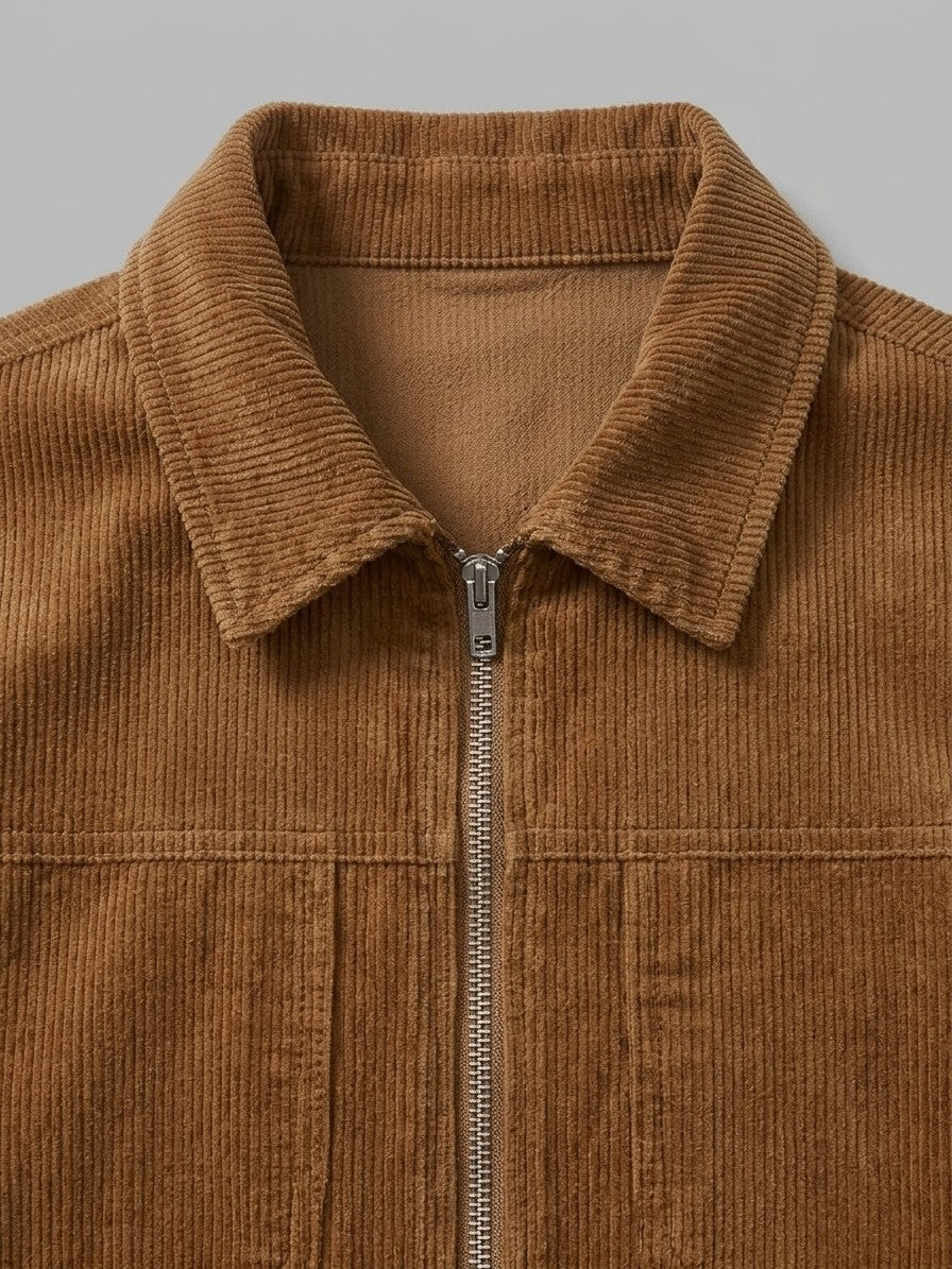 Vimercate Men's Zip-Pocket Corduroy Jacket — caramel — detail-collar