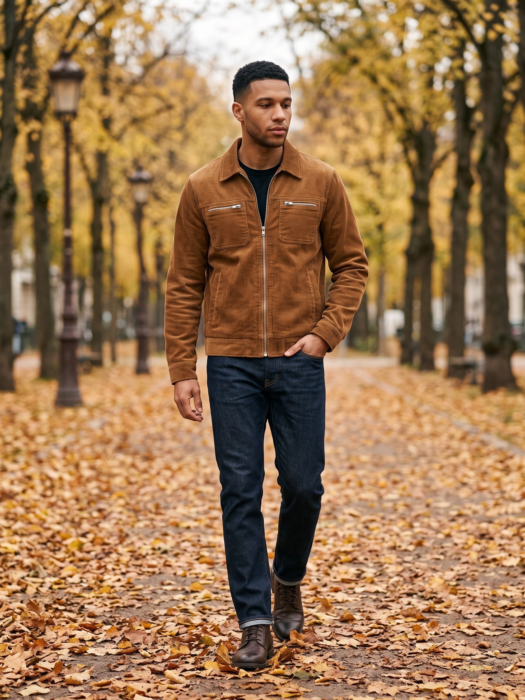 Vimercate Men's Zip-Pocket Corduroy Jacket — caramel — lifestyle