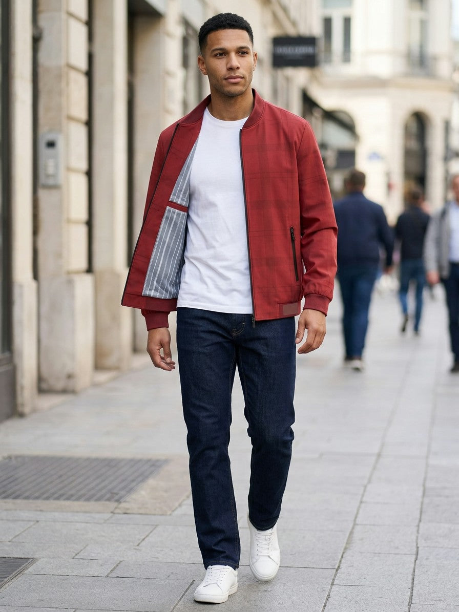 Viterbo Men's Check-Lined Harrington Jacket — red — lifestyle