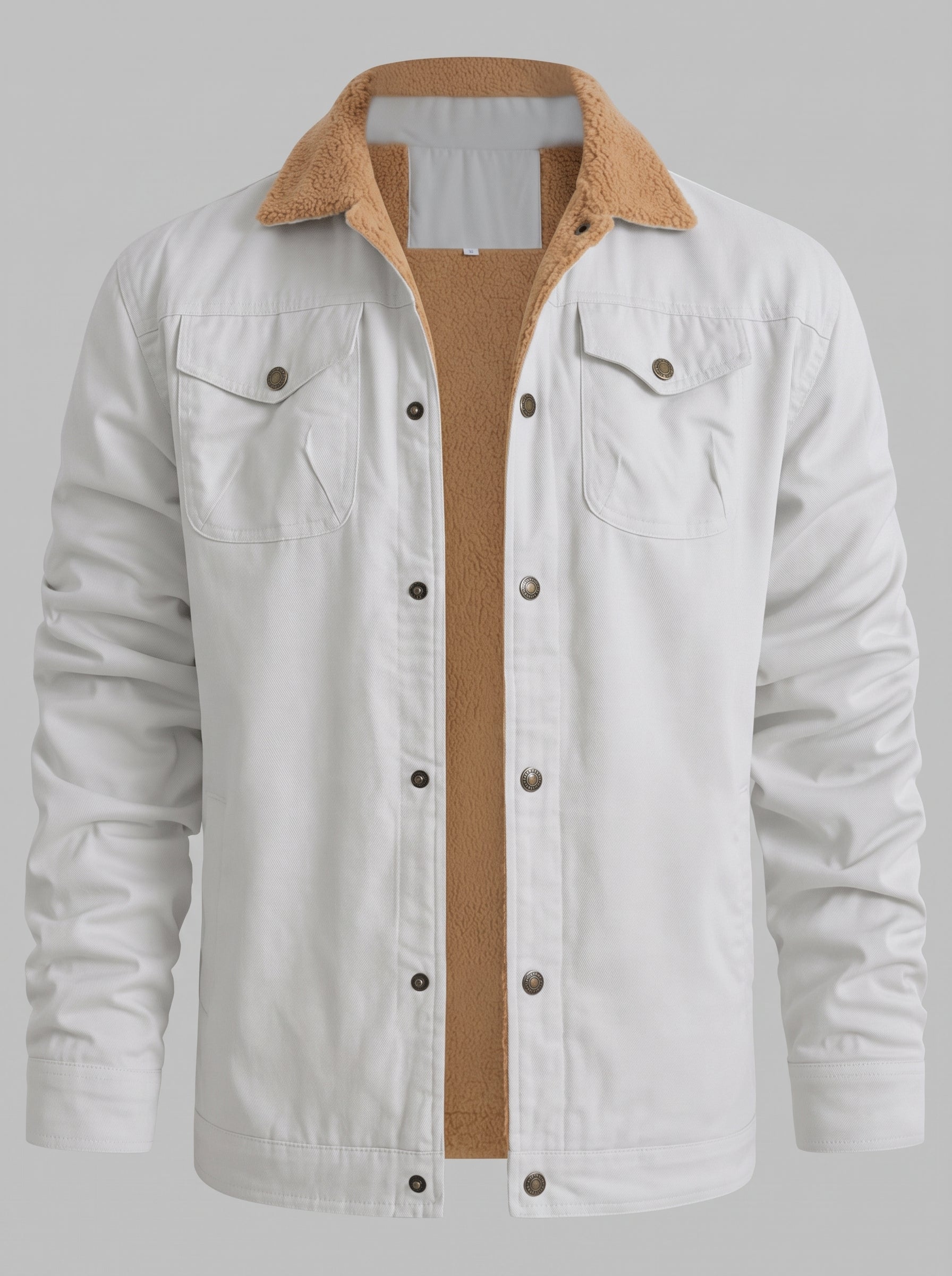 A white canvas utility jacket with a tan sherpa fleece collar and lining, shown on a neutral gray background.