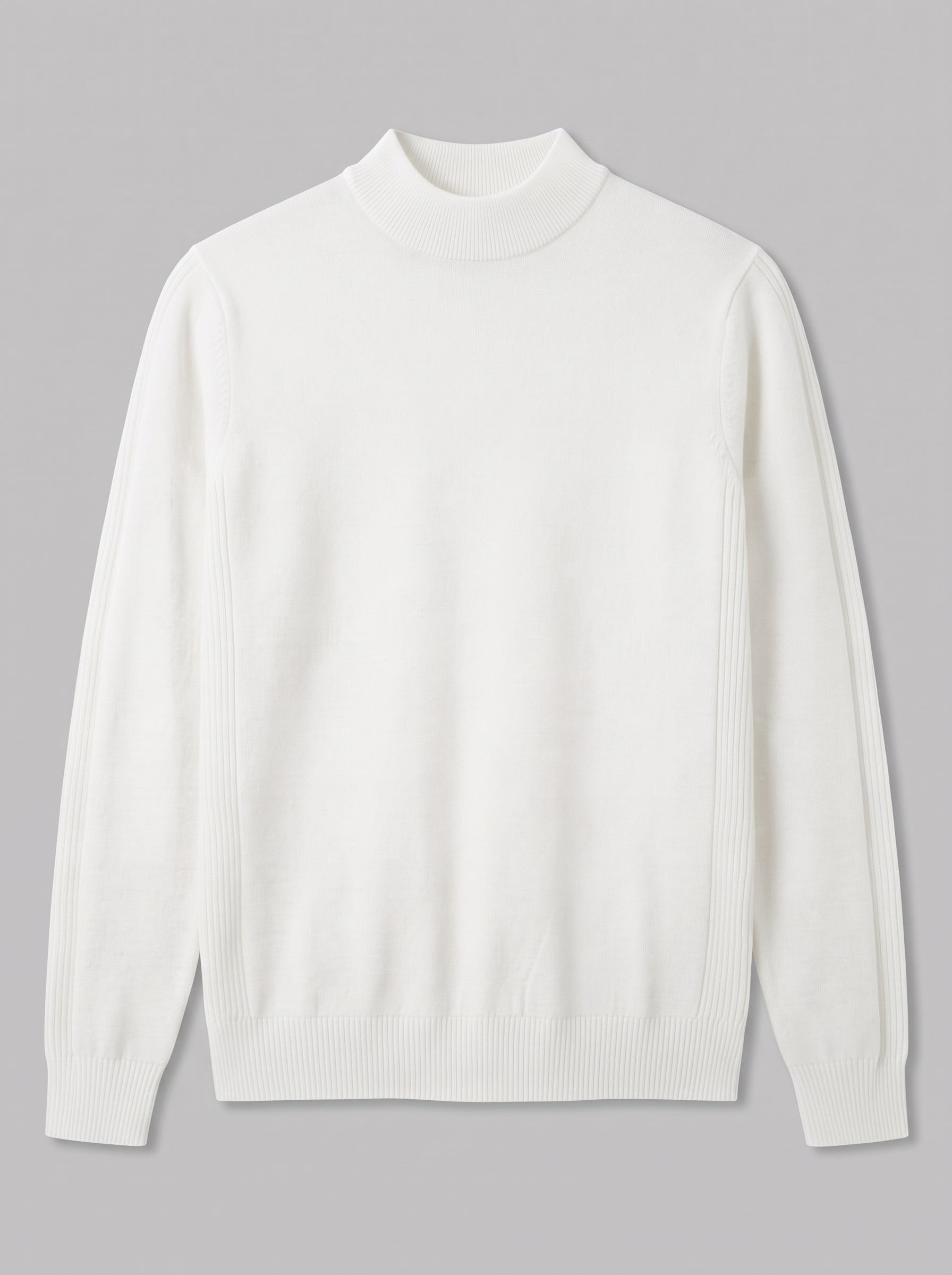 A white long-sleeve mock neck knit sweater displayed flat against a solid gray background.
