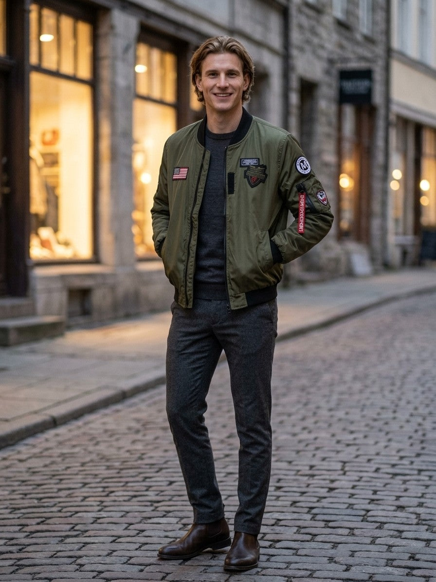 Zagarolo Men's Patched MA-1 Bomber Jacket — armygreen — lifestyle