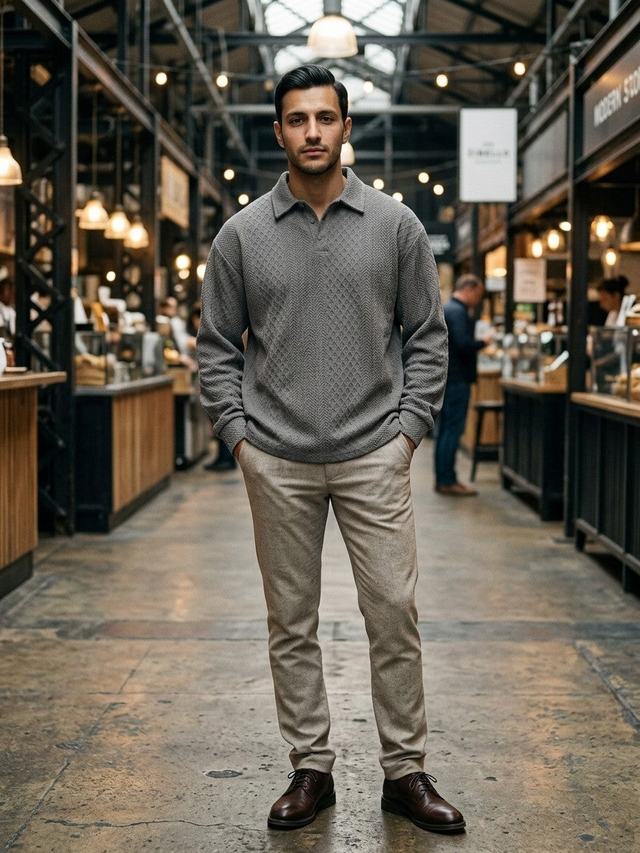 Zibello Men's Diamond Jacquard Knit Polo — grey — lifestyle