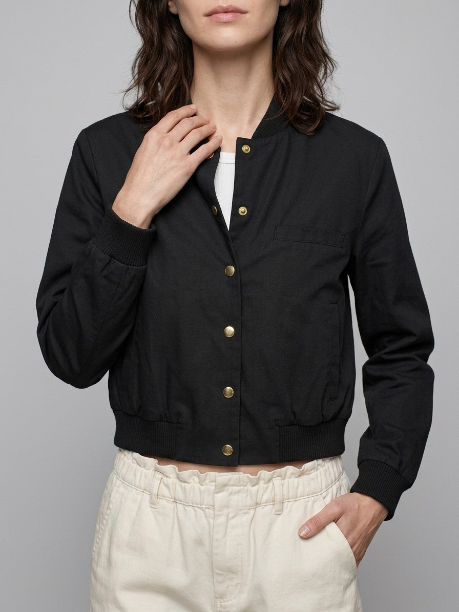 Zoagli Women's Cropped Snap Bomber Jacket — black — gesture
